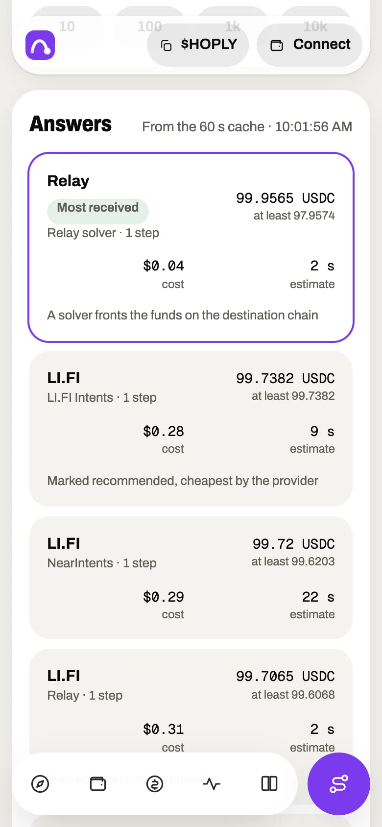 The Hoply route explorer on a phone, comparing quotes from several services.